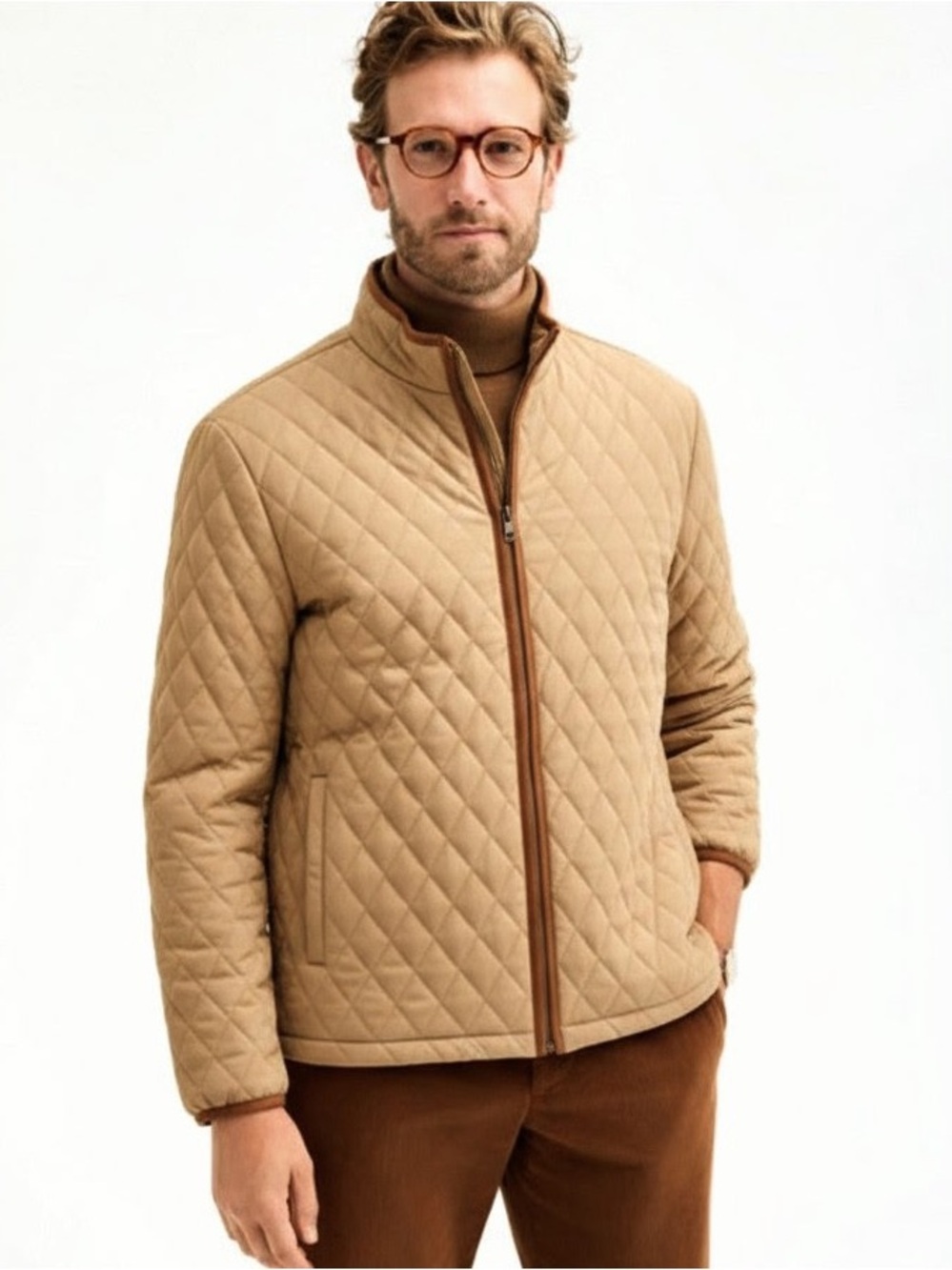 Club Room Quilted Full Zip Jacket Contrast Trim Pockets Lightweight Neutral XXL